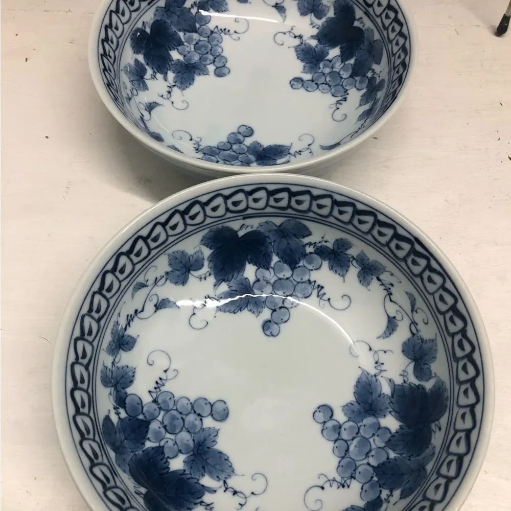 O547 Vintage Japan Blue Floral Print Grape Bowl Set of 2